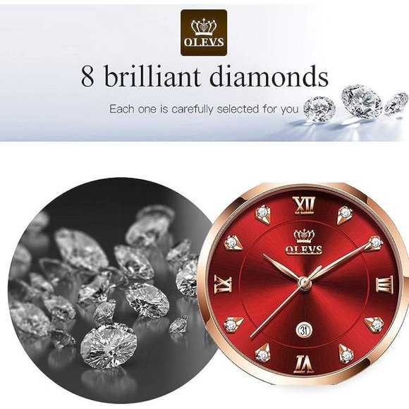 Women Rose Gold Stainless Steel Band Red Dial Quartz Small Face Waterproof Watch main image 4